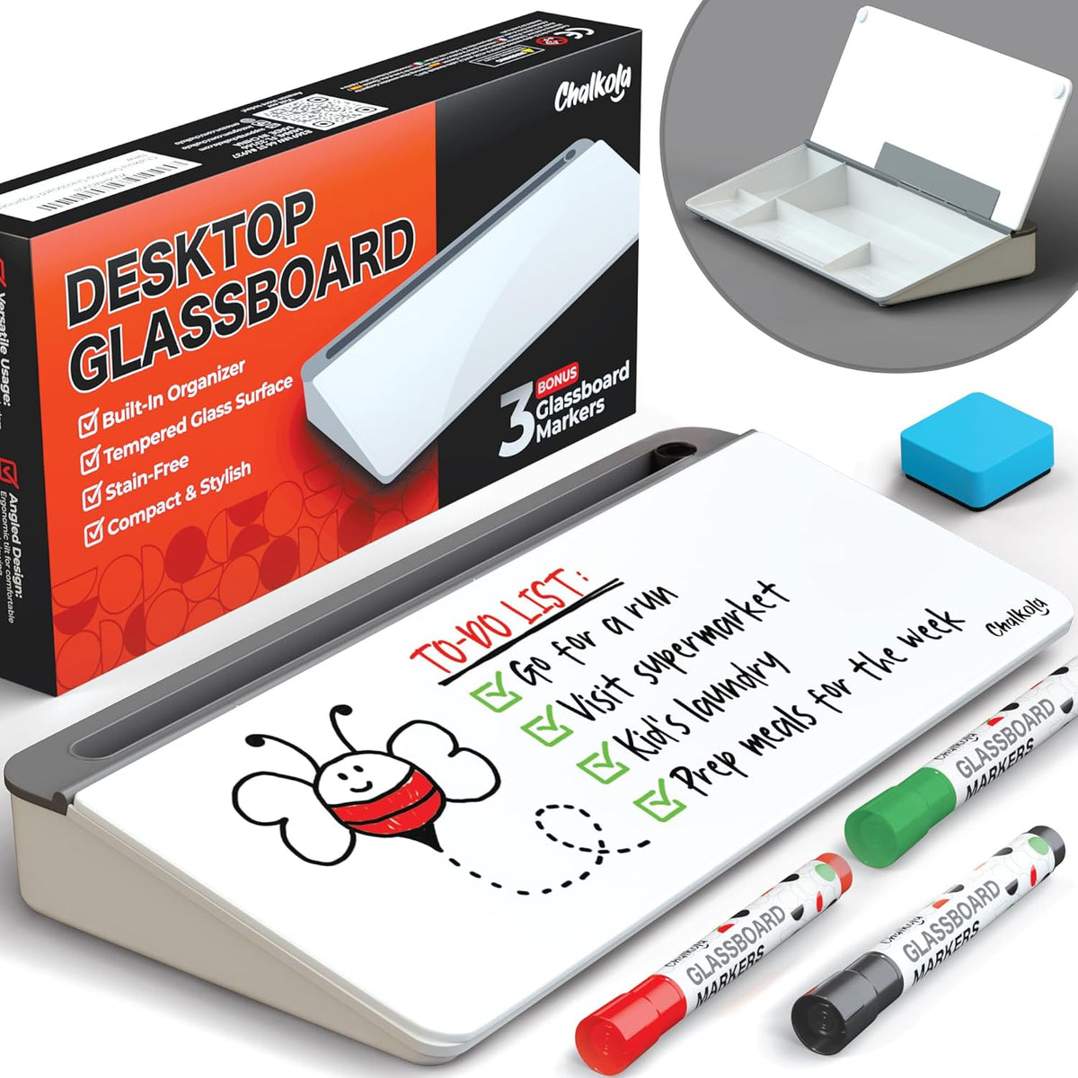 Chalkola Glass Desktop Whiteboard with Storage