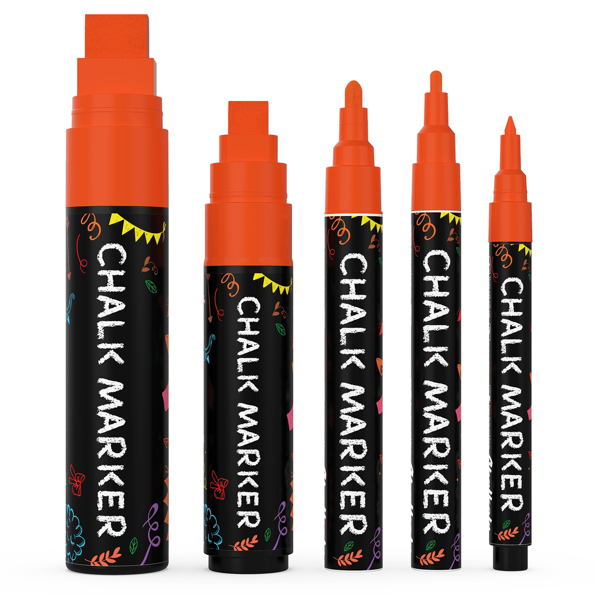 Single Colored Chalk Markers (Fine to Jumbo Nibs) - Variety Pack of 5 Pens