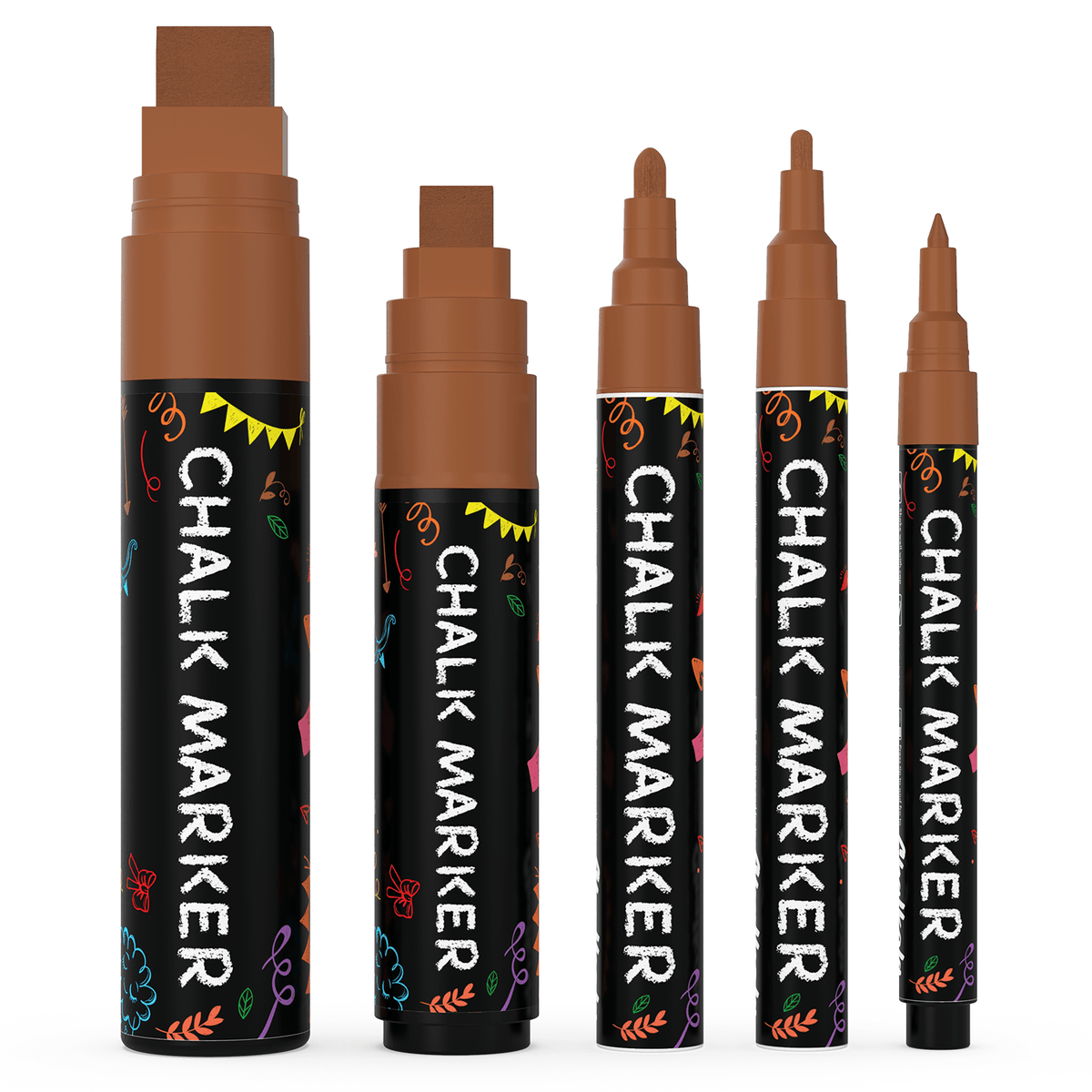 Single Colored Chalk Markers (Fine to Jumbo Nibs) - Variety Pack of 5 Pens