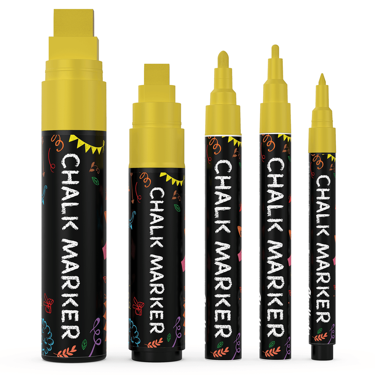 Single Colored Chalk Markers (Fine to Jumbo Nibs) - Variety Pack of 5 Pens