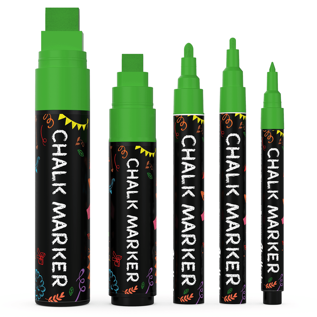 Single Colored Chalk Markers (Fine to Jumbo Nibs) - Variety Pack of 5 Pens