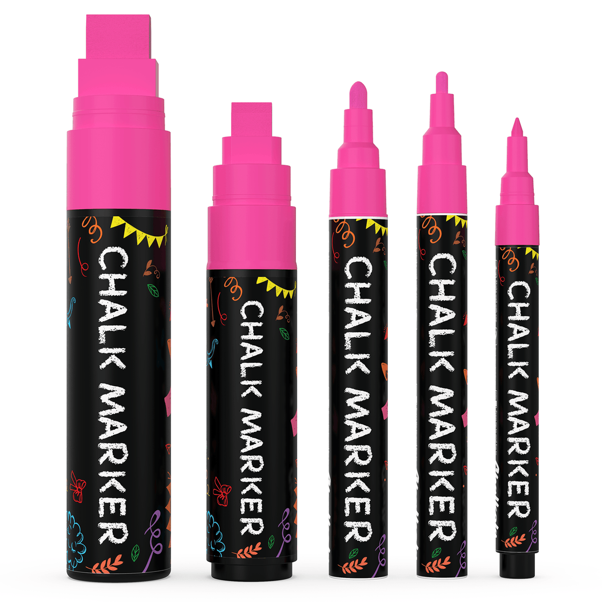 Single Colored Chalk Markers (Fine to Jumbo Nibs) - Variety Pack of 5 Pens
