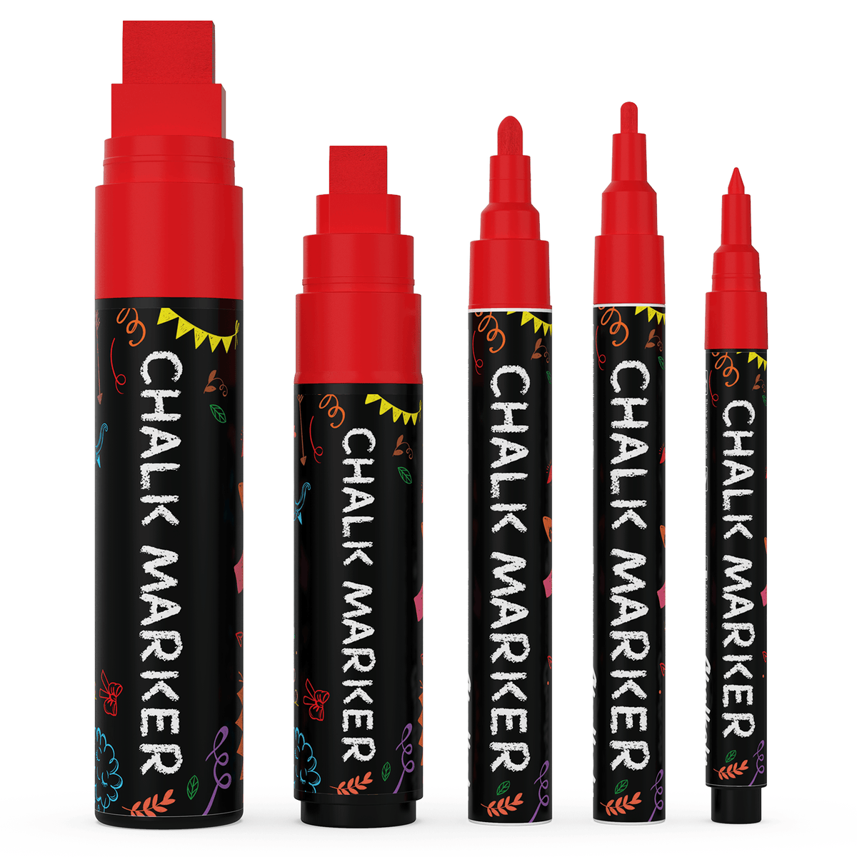 Single Colored Chalk Markers (Fine to Jumbo Nibs) - Variety Pack of 5 Pens