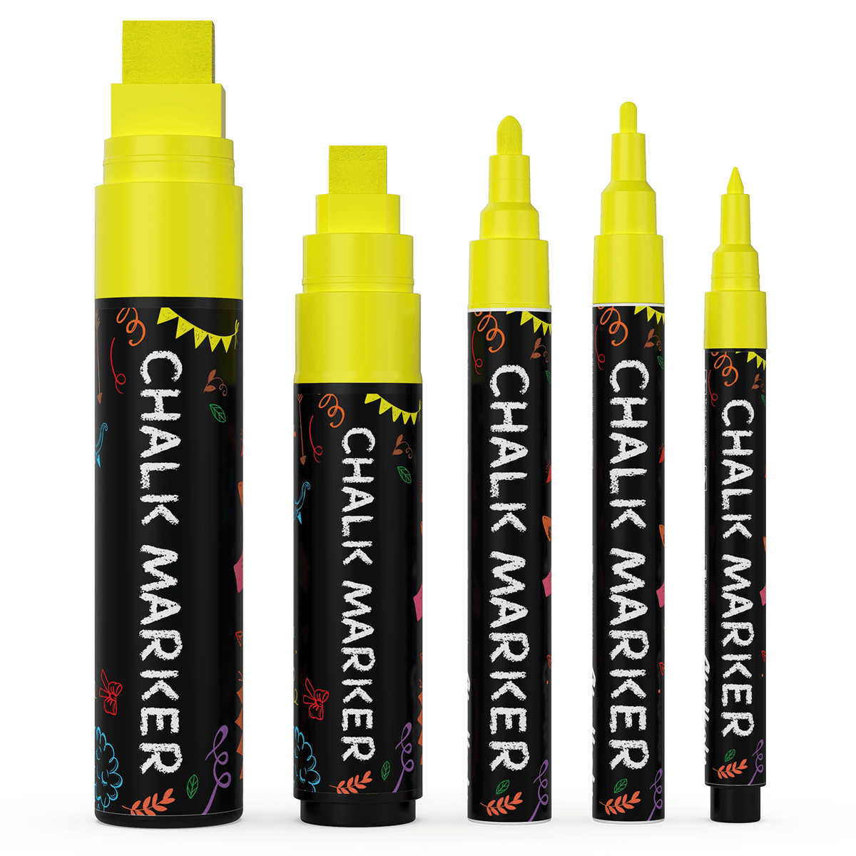 Single Colored Chalk Markers (Fine to Jumbo Nibs) - Variety Pack of 5 Pens