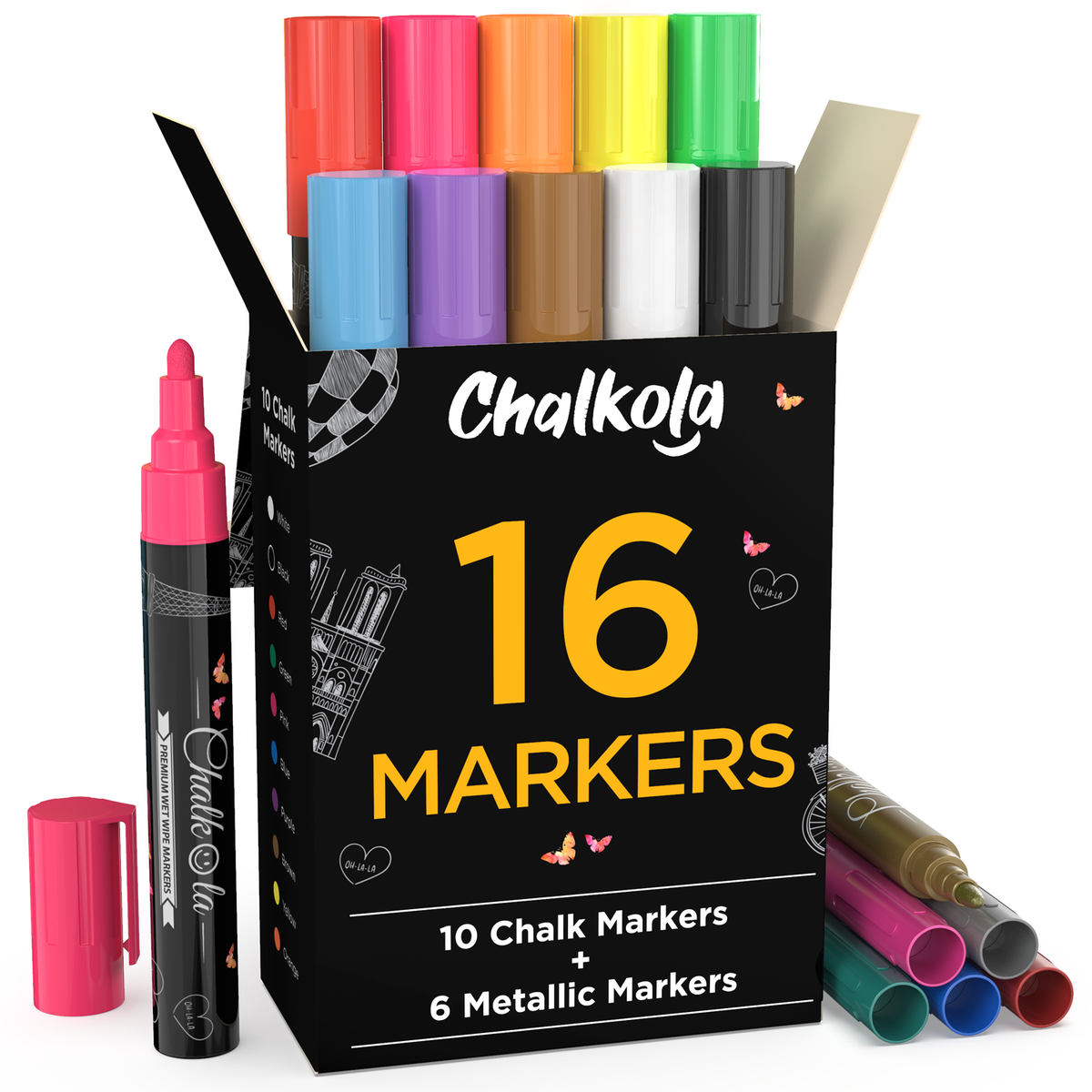 Chalkola Chalk Pens &amp; Metallic Colors - Pack of 16 Chalk Markers