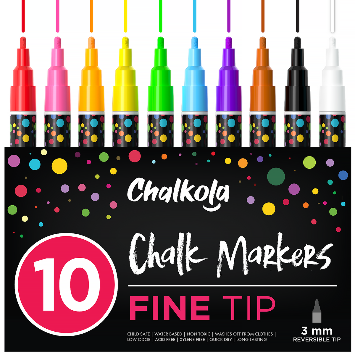 Chalk Pens - Pack of 10 Neon Colour Markers - 3mm Bullet Tip