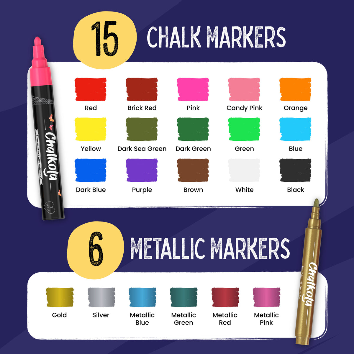 Chalkola Chalk Pens &amp; Metallic Colours - Pack of 21 Chalk Markers