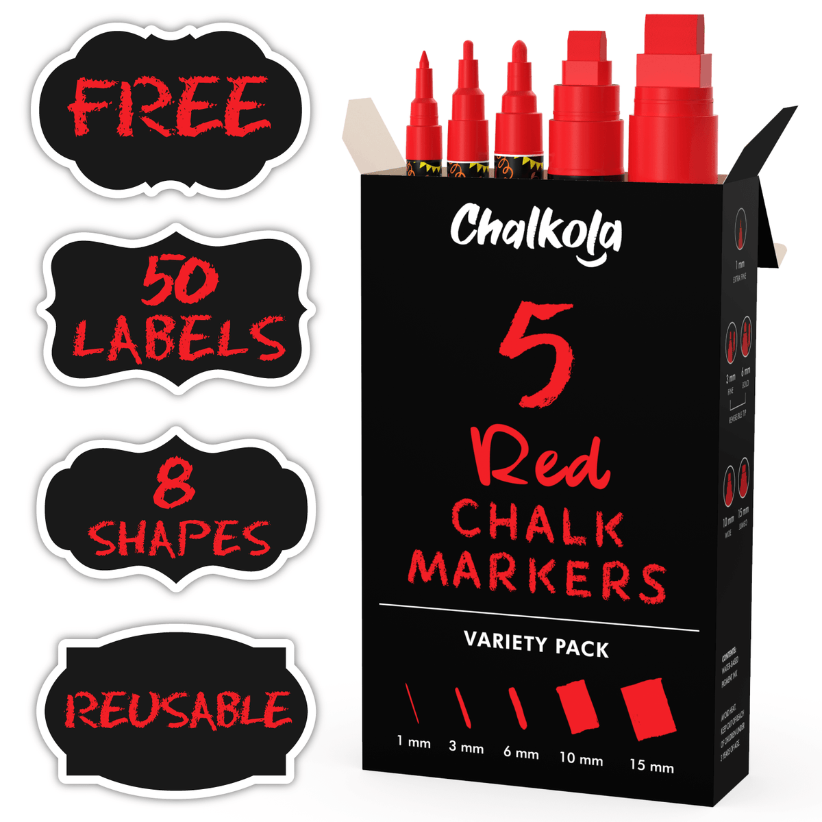 Single Colored Chalk Markers (Fine to Jumbo Nibs) - Variety Pack of 5 Pens