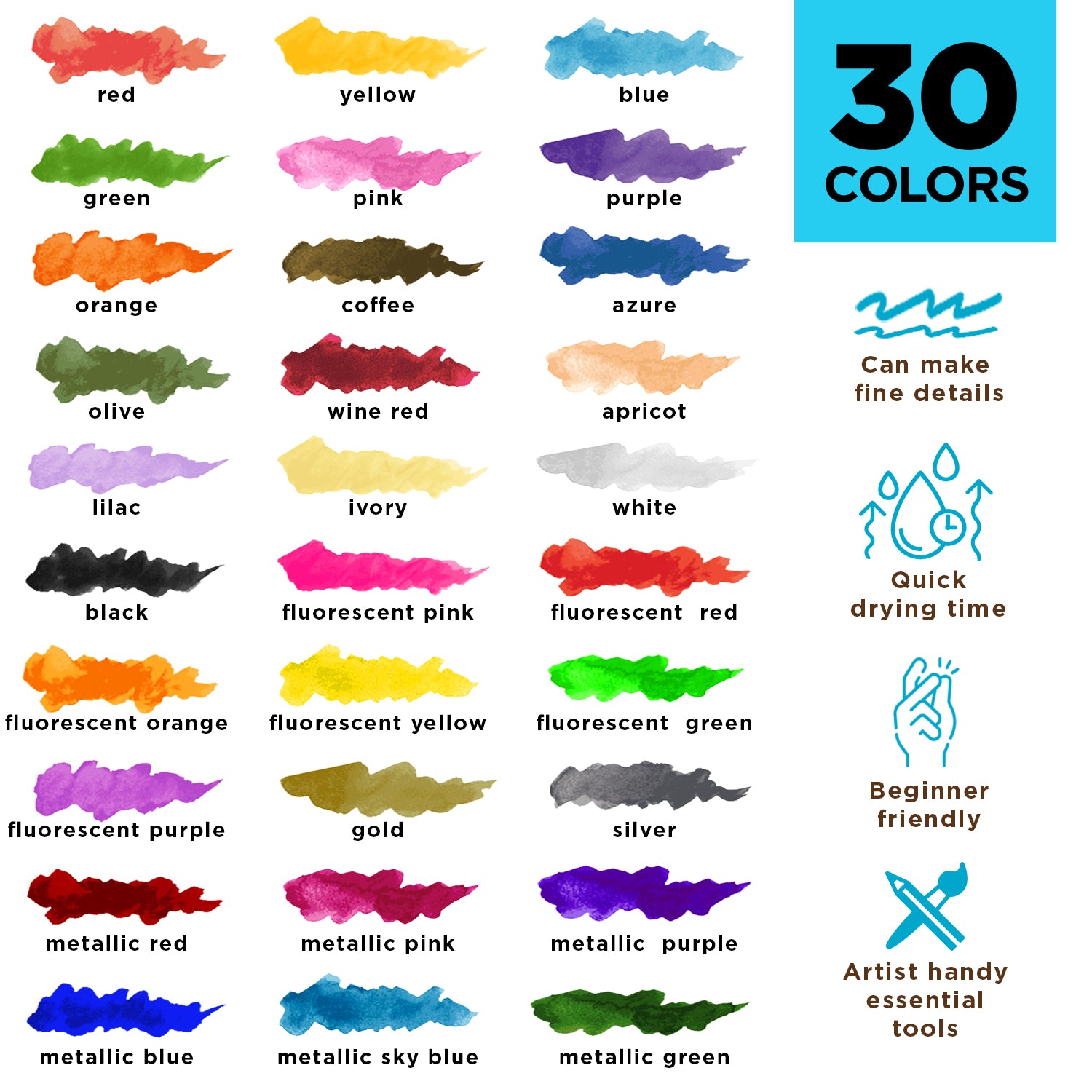 NEW FORMULA!) 30 Essential Acrylic Paint Pens Assorted Color Set (3mm  MEDIUM)