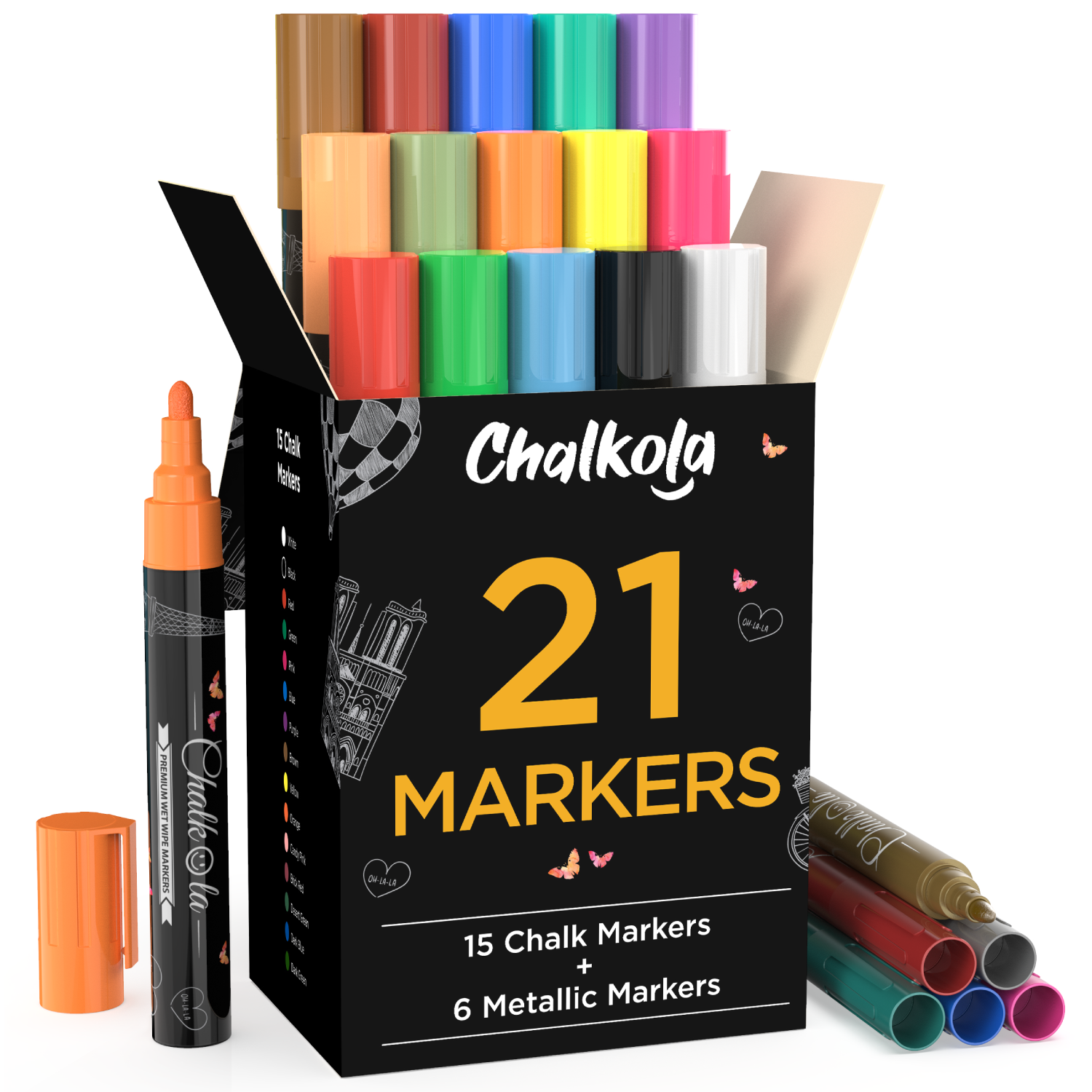 Chalkola Chalk Pens & Metallic Colours - Pack of 21 Chalk Markers