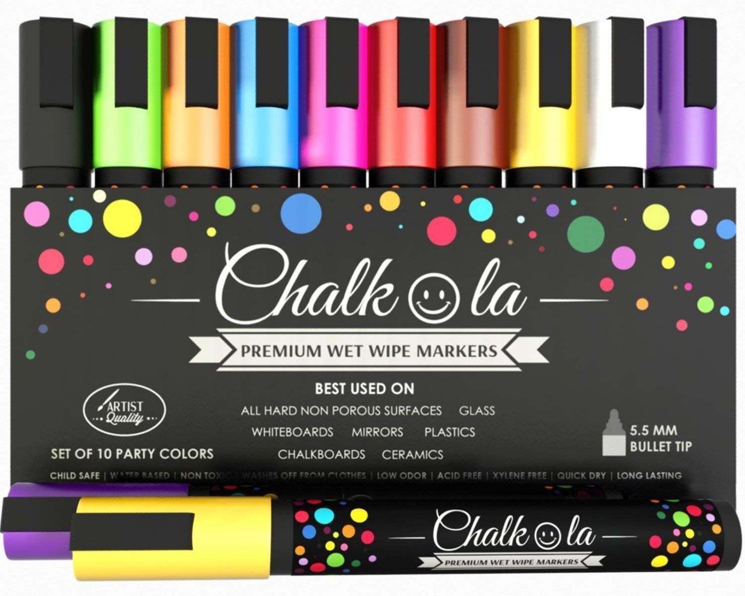Chalk Pens - Pack of 10 Neon Colour Markers - 6mm Bullet Tip