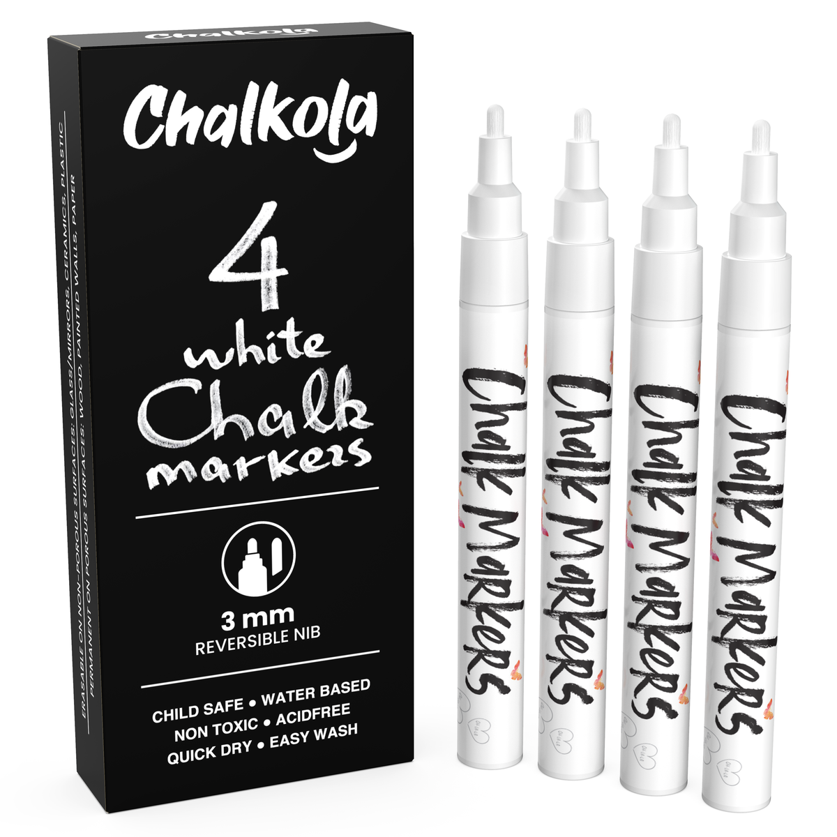 Fine Tip White Chalk Markers - Pack of 4 Chalk Pens - 3mm Reversible Bullet &amp; Chisel Tip
