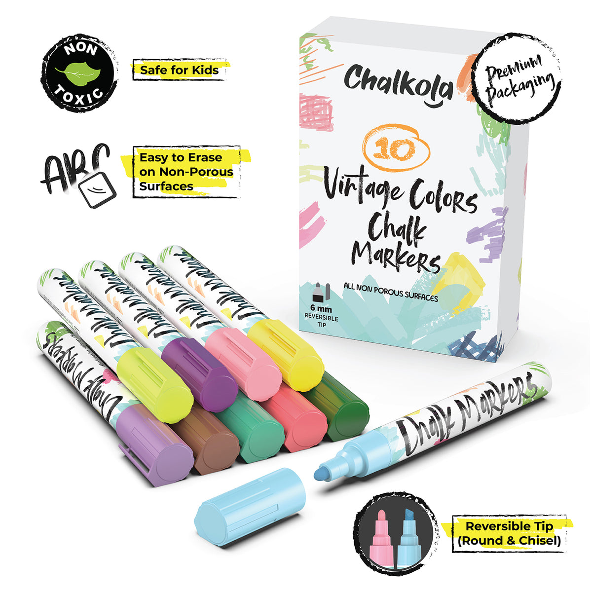 Liquid Chalk Markers for Chalkboards | 10 Vintage Colors | 6mm Reversible Bold &amp; Chisel Nib