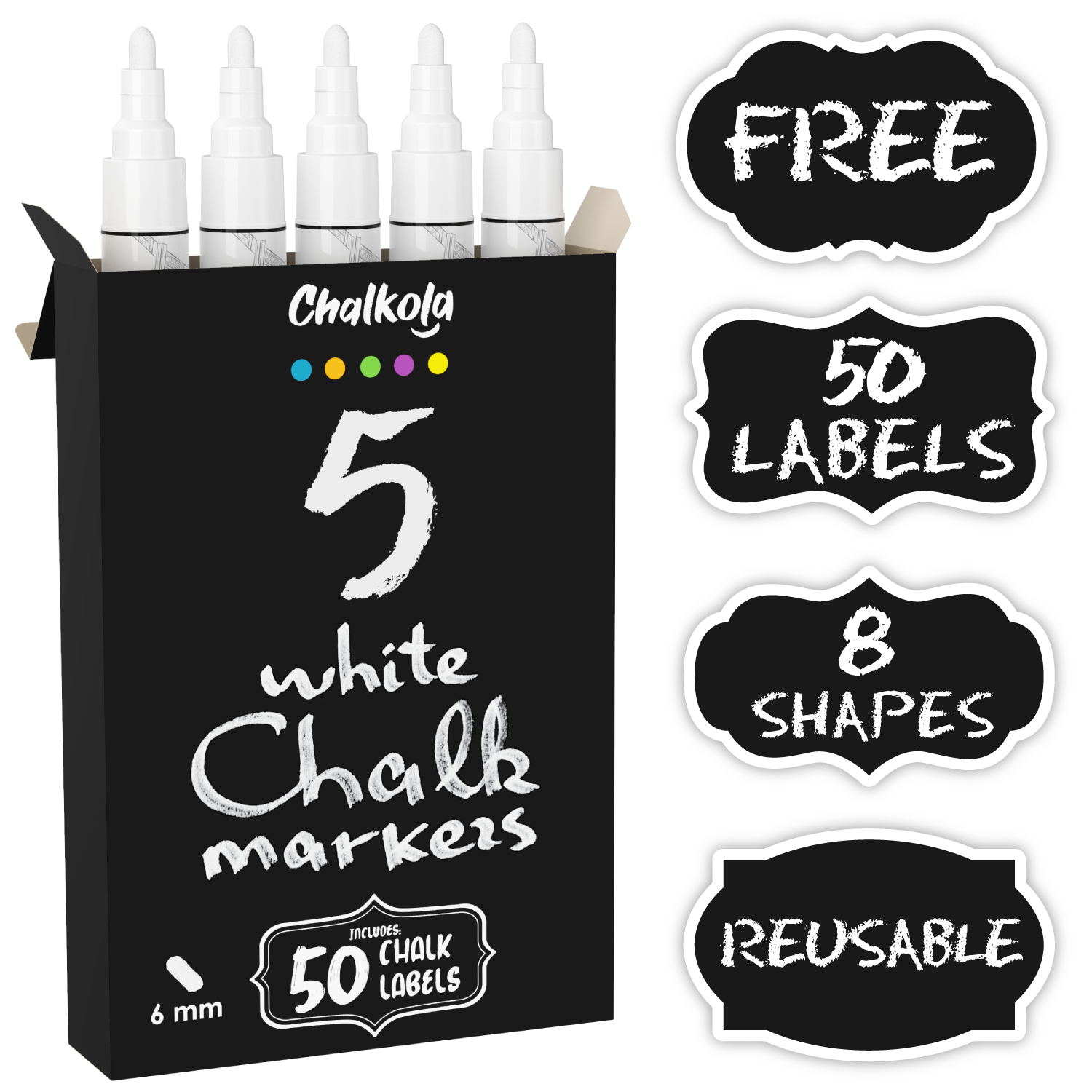 White Chalk Ink Markers with 6mm Reversible Nib - Pack of 5 Pens - Chalkola  Art Supply
