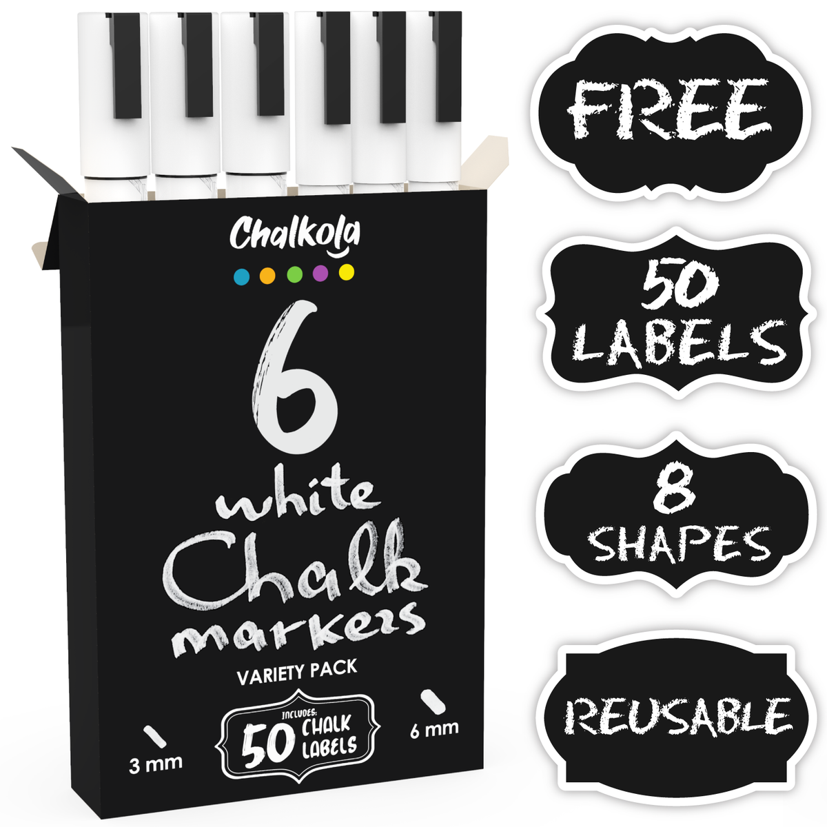 White Chalk Markers | Variety Pack of 6 | Fine and Bold Tip