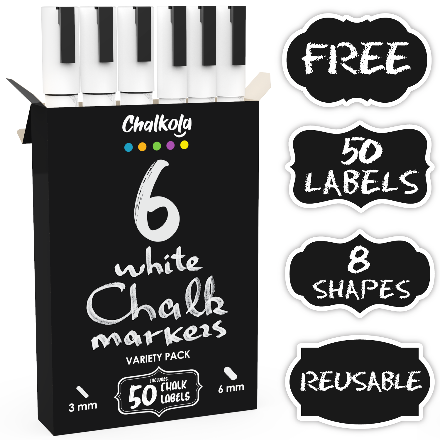 White Liquid Chalk Marker Pen (6 Pack) - Chalkola Arts and Craft