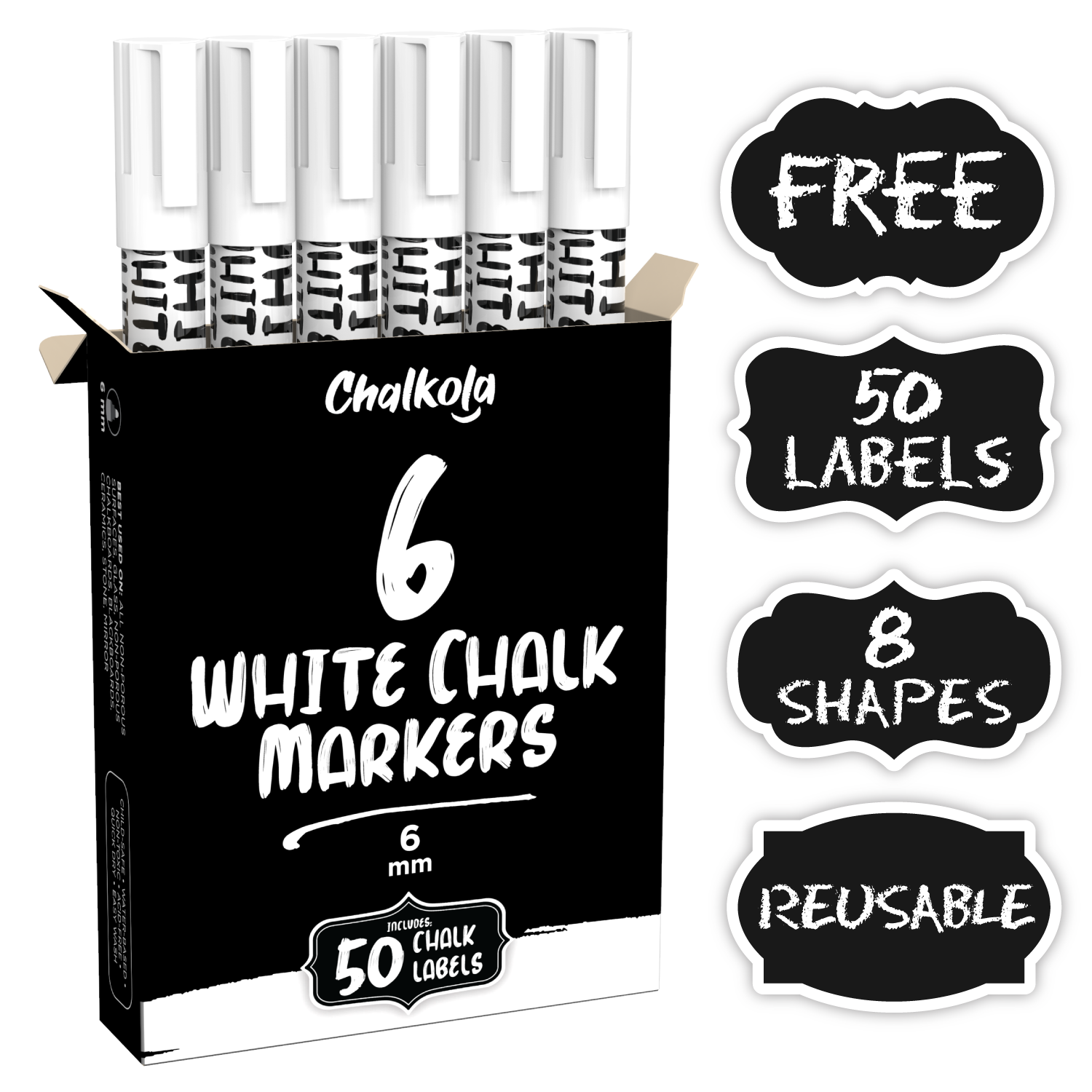 White Liquid Chalk Marker Pen - 6mm Reversible Tip (6 Pack) + 50 Chalkboard Labels